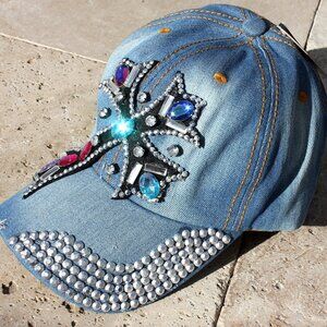 Faith Inspirational Cross Aurora Borealis Rhinestone Cap Hat Stud 100% Cotton